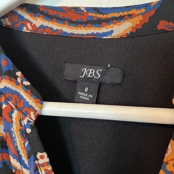 JBS Paisley Long Sleeve Deep V-Neck Dress with Belt at waist size 8 - Picture 3 of 9